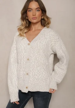 Szaro-Beżowy Rozpinany Kardigan z Wiskozą Ozdobiony Wsuwanymi Kieszeniami Ewenevia