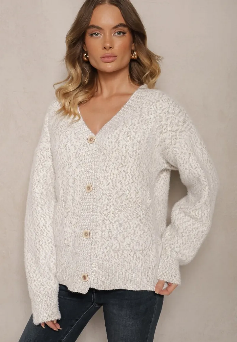 Szaro-Beżowy Rozpinany Kardigan z Wiskozą Ozdobiony Wsuwanymi Kieszeniami Ewenevia