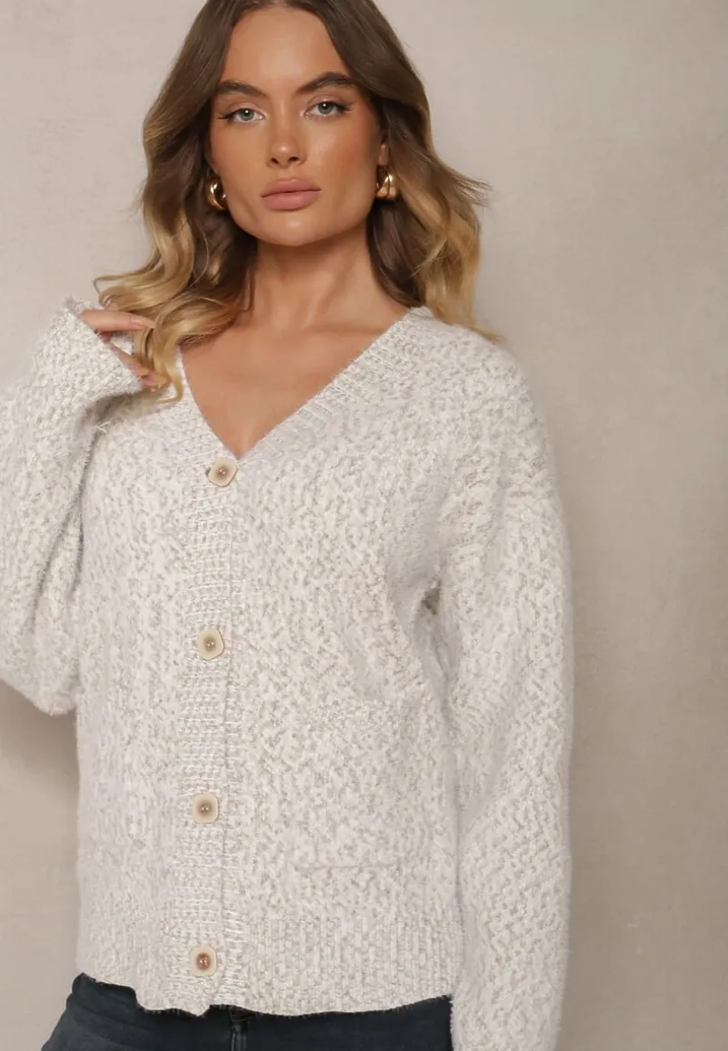 Szaro-Beżowy Rozpinany Kardigan z Wiskozą Ozdobiony Wsuwanymi Kieszeniami Ewenevia