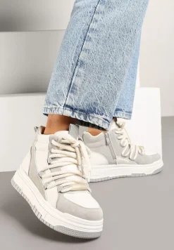 Szaro-Białe Sneakersy na Platformie z Wysoką Cholewką Futerkiem i Sznurowaniem Tamrion