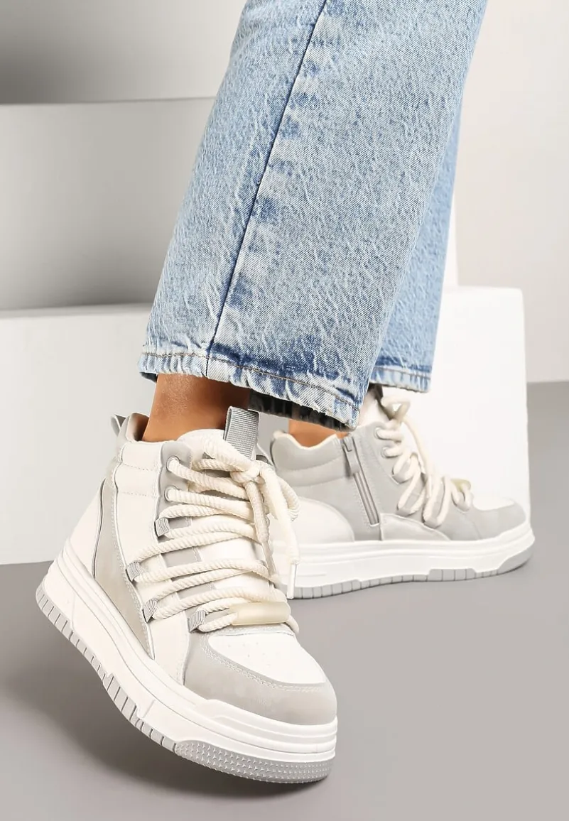 Szaro-Białe Sneakersy na Platformie z Wysoką Cholewką Futerkiem i Sznurowaniem Tamrion