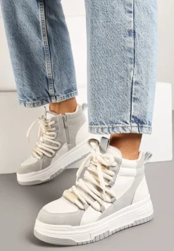 Szaro-Białe Sneakersy na Platformie z Wysoką Cholewką Futerkiem i Sznurowaniem Tamrion