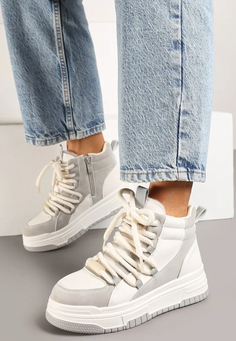 Szaro-Białe Sneakersy na Platformie z Wysoką Cholewką Futerkiem i Sznurowaniem Tamrion