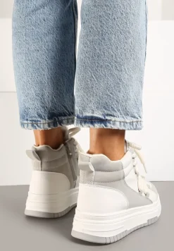 Szaro-Białe Sneakersy na Platformie z Wysoką Cholewką Futerkiem i Sznurowaniem Tamrion