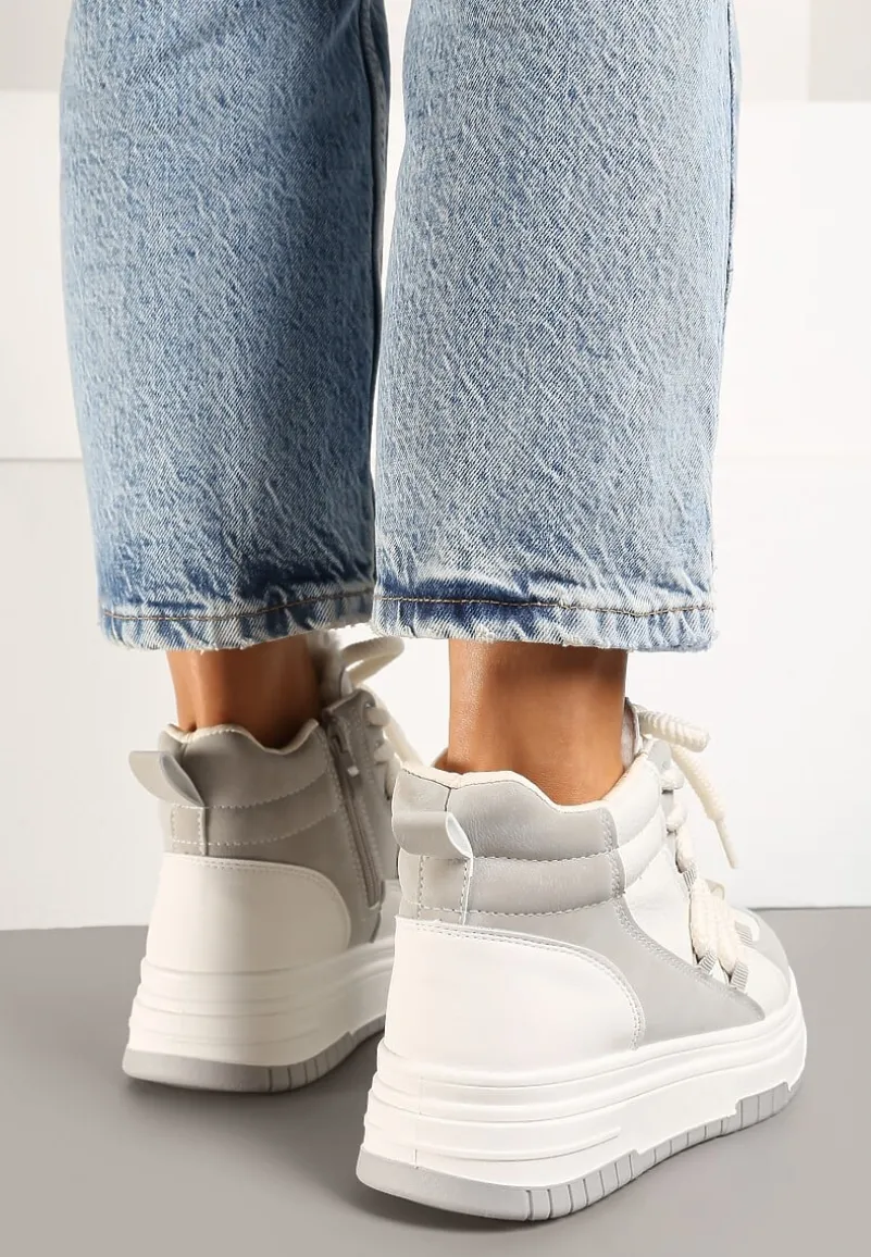Szaro-Białe Sneakersy na Platformie z Wysoką Cholewką Futerkiem i Sznurowaniem Tamrion