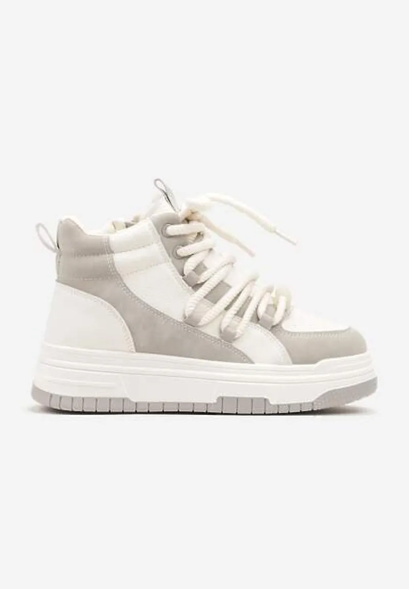 Szaro-Białe Sneakersy na Platformie z Wysoką Cholewką Futerkiem i Sznurowaniem Tamrion