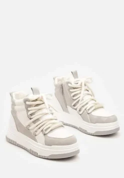 Szaro-Białe Sneakersy na Platformie z Wysoką Cholewką Futerkiem i Sznurowaniem Tamrion