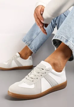 Szaro-Białe Sznurowane Sneakersy z Imitacji Skóry na Płaskiej Podeszwie Glezoma