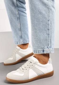 Szaro-Białe Sznurowane Sneakersy z Imitacji Skóry na Płaskiej Podeszwie Glezoma