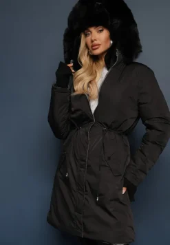 Szaro-Czarna Długa Kurtka Płaszcz o Dwustronnym Fasonie z Kapturem Astrae