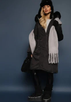 Szaro-Czarna Długa Kurtka Płaszcz o Dwustronnym Fasonie z Kapturem Astrae