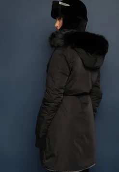 Szaro-Czarna Długa Kurtka Płaszcz o Dwustronnym Fasonie z Kapturem Astrae