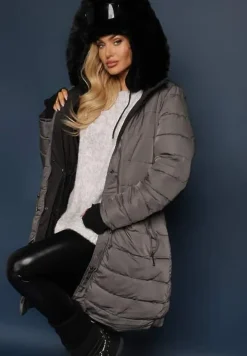 Szaro-Czarna Długa Kurtka Płaszcz o Dwustronnym Fasonie z Kapturem Astrae