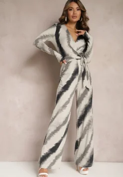 Szaro-Czarny Kombinezon z Trójkątnym Dekoltem i Paskiem w Talii Nanthe