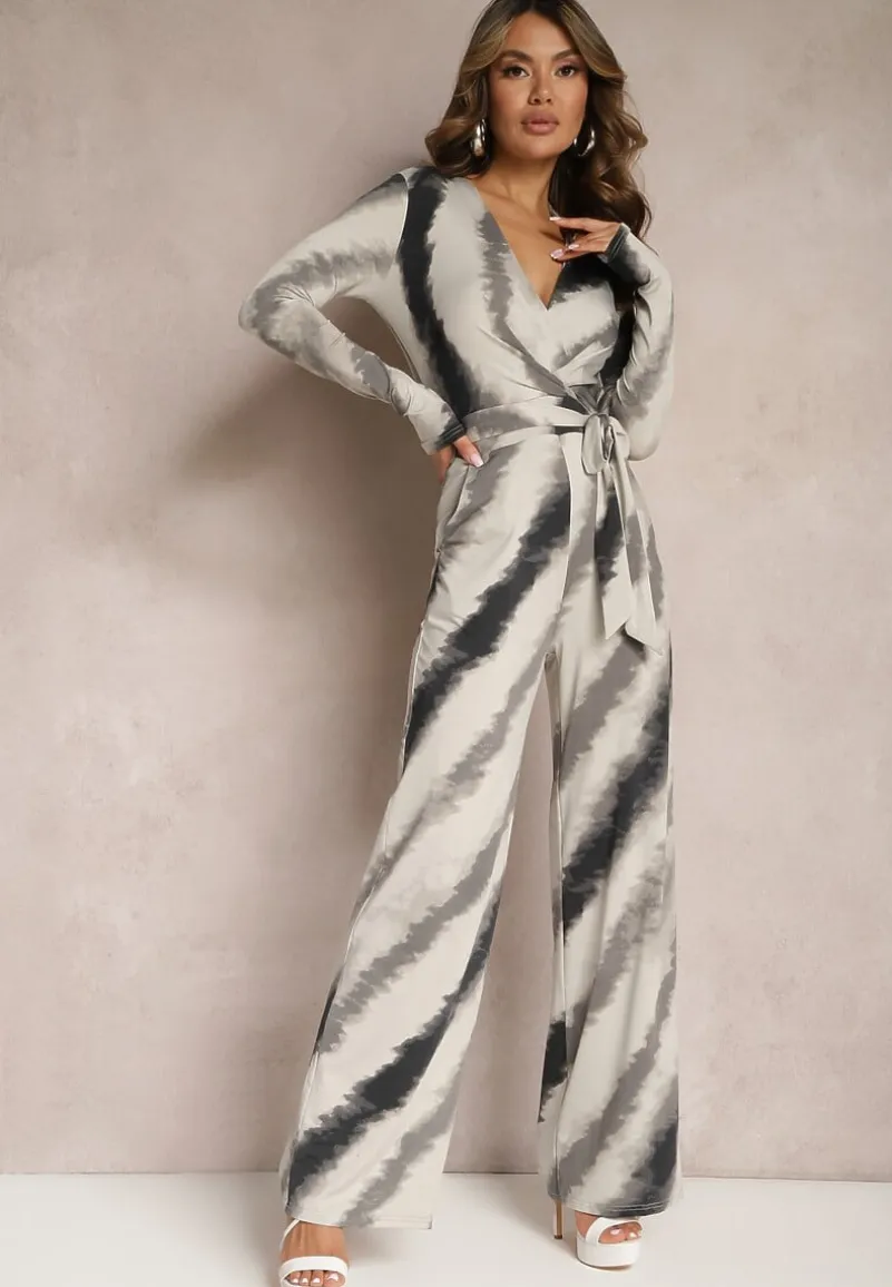 Szaro-Czarny Kombinezon z Trójkątnym Dekoltem i Paskiem w Talii Nanthe