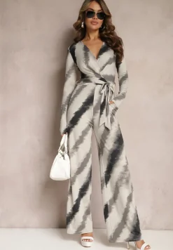 Szaro-Czarny Kombinezon z Trójkątnym Dekoltem i Paskiem w Talii Nanthe