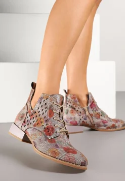 Szaro-Czerwone Botki ze Skórzaną Wkładką i Ażurowym Wzorem Nantiela