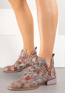 Szaro-Czerwone Botki ze Skórzaną Wkładką i Ażurowym Wzorem Nantiela