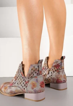 Szaro-Czerwone Botki ze Skórzaną Wkładką i Ażurowym Wzorem Nantiela
