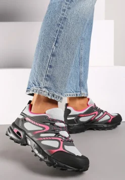 Szaro-Fuksjowe Buty Sportowe Sneakersy na Płaskiej Podeszwie ze Sznurowaniem i Geometrycznym Wzorem Raivi