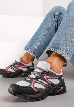 Szaro-Fuksjowe Buty Sportowe Sneakersy na Płaskiej Podeszwie ze Sznurowaniem i Geometrycznym Wzorem Raivi