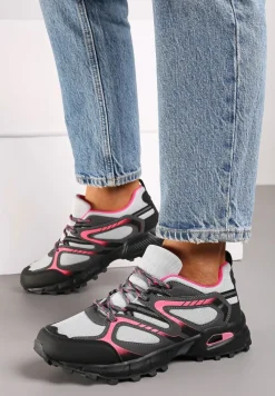 Szaro-Fuksjowe Buty Sportowe Sneakersy na Płaskiej Podeszwie ze Sznurowaniem i Geometrycznym Wzorem Raivi