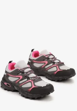 Szaro-Fuksjowe Buty Sportowe Sneakersy na Płaskiej Podeszwie ze Sznurowaniem i Geometrycznym Wzorem Raivi
