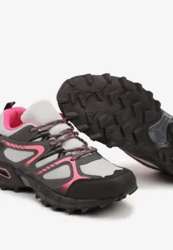 Szaro-Fuksjowe Buty Sportowe Sneakersy na Płaskiej Podeszwie ze Sznurowaniem i Geometrycznym Wzorem Raivi