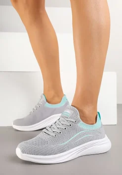 Szaro-Miętowe Buty Sportowe Sneakersy Siateczkowe z Elastyczną Cholewką Alirone
