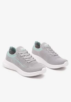 Szaro-Miętowe Buty Sportowe Sneakersy Siateczkowe z Elastyczną Cholewką Alirone