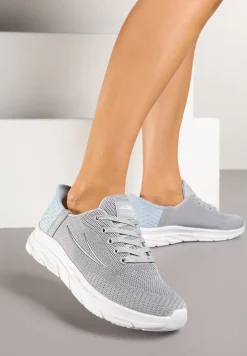 Szaro-Niebieskie Buty Sportowe Sneakersy z Ozdobnym Tłoczeniem i Napisami Nolnelia