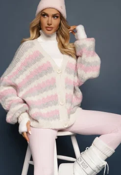 Szaro-Różowy Kardigan na Guziki Ozdobiony Paskami Nevessa