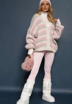 Szaro-Różowy Kardigan na Guziki Ozdobiony Paskami Nevessa