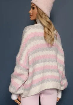 Szaro-Różowy Kardigan na Guziki Ozdobiony Paskami Nevessa