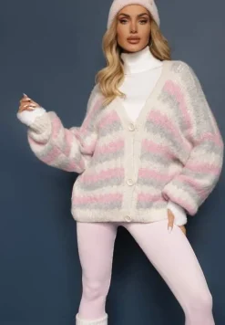 Szaro-Różowy Kardigan na Guziki Ozdobiony Paskami Nevessa