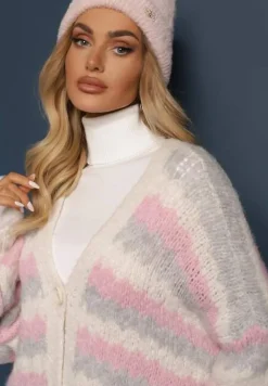 Szaro-Różowy Kardigan na Guziki Ozdobiony Paskami Nevessa
