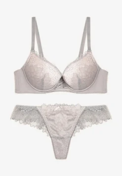 Szaro-Różowy Komplet Biustonosz Push Up i Majtki Ozdobione Romantyczną Koronką Zeril