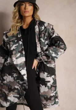 Szaro-Zielona Niezapinana Kurtka Wiatrówka z Troczkami i Nieodpinanym Kapturem Irilani