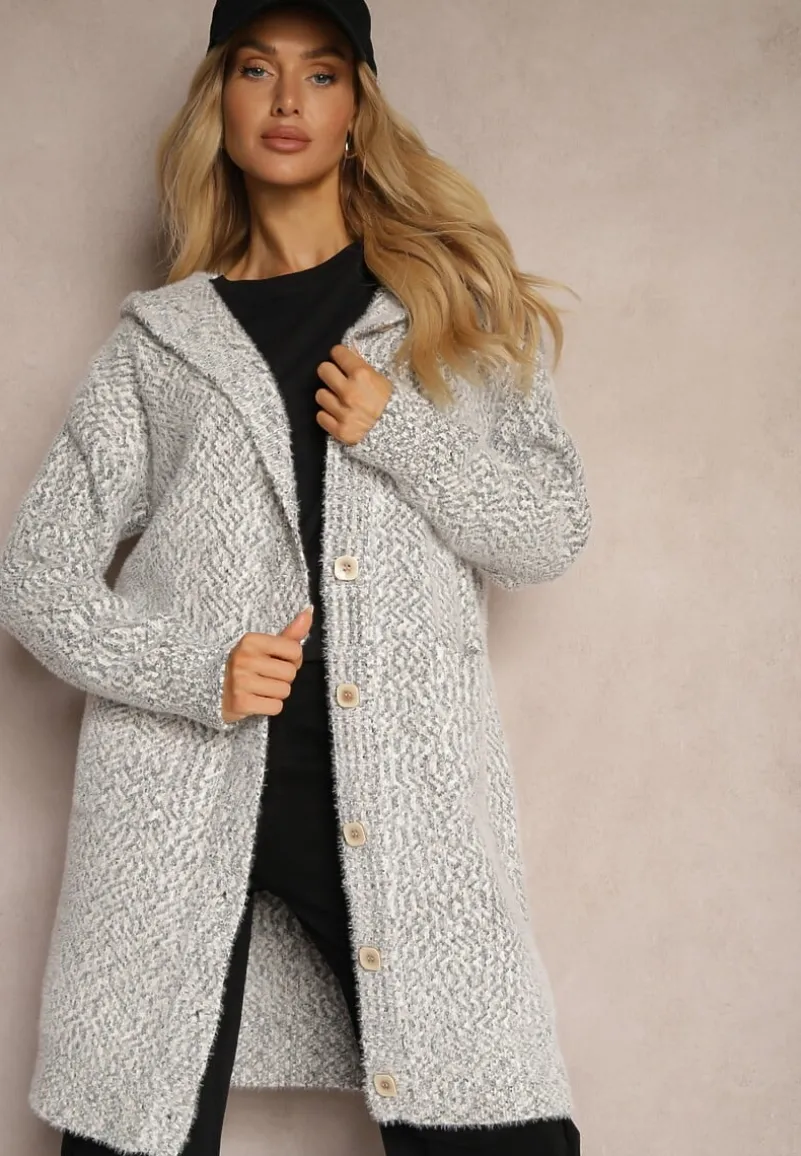 Szary Rozpinany Kardigan z Dodatkiem Wiskozy i Kapturem Ozdobiony Kieszeniami Olianne