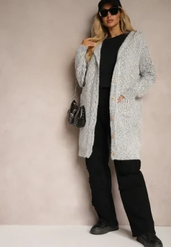 Szary Rozpinany Kardigan z Dodatkiem Wiskozy i Kapturem Ozdobiony Kieszeniami Olianne