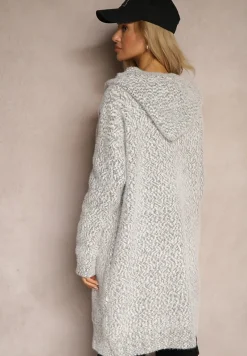 Szary Rozpinany Kardigan z Dodatkiem Wiskozy i Kapturem Ozdobiony Kieszeniami Olianne