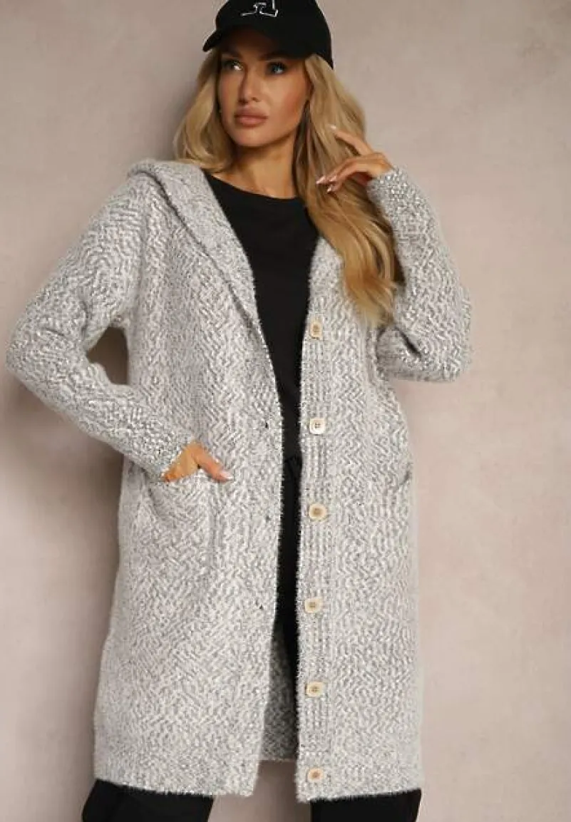 Szary Rozpinany Kardigan z Dodatkiem Wiskozy i Kapturem Ozdobiony Kieszeniami Olianne