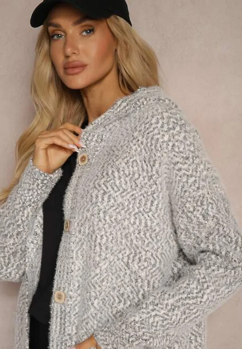 Szary Rozpinany Kardigan z Dodatkiem Wiskozy i Kapturem Ozdobiony Kieszeniami Olianne
