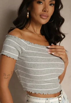 Szary Bawełniany Top Hiszpanka Ozdobiony Paskami Lirasora