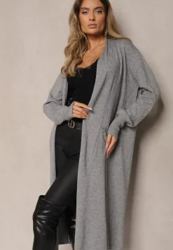 Szary Casualowy Długi Kardigan z Dodatkiem Bawełny i Wiskozy Meralei