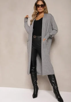 Szary Casualowy Długi Kardigan z Dodatkiem Bawełny i Wiskozy Meralei