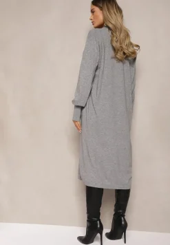 Szary Casualowy Długi Kardigan z Dodatkiem Bawełny i Wiskozy Meralei