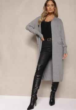 Szary Casualowy Długi Kardigan z Dodatkiem Bawełny i Wiskozy Meralei