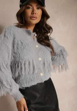 Szary Casualowy Kardigan Puchaty z Wełną Frędzlami i Guzikami Mavanira