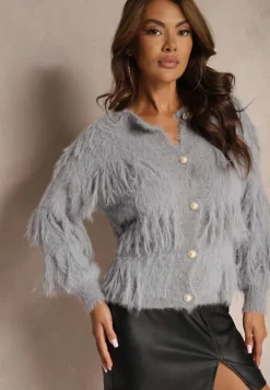Szary Casualowy Kardigan Puchaty z Wełną Frędzlami i Guzikami Mavanira